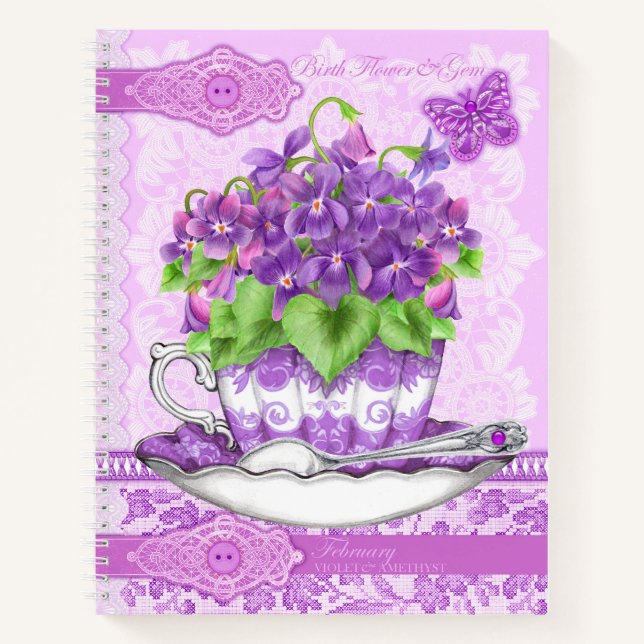 Birth Blume und Gem February Lace Lrge Notizbuch (Vorderseite)