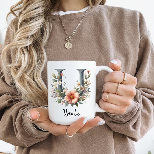 Birth Flower Coffee Mug, Custom Floral Initial Mug Kaffeetasse (wildflower monogram gift, custom mug for mom, floral gift for daughter, floral gift for friend,)