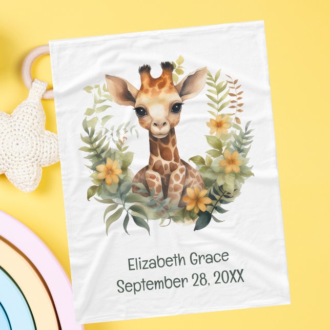 Birth Stat Baby Giraffe Jungle Blume Baby Blanket Fleecedecke (Birth Stats Baby Giraffe Baby Blanket. Add babies name and birthday. Baby Shower gift, New baby gift)