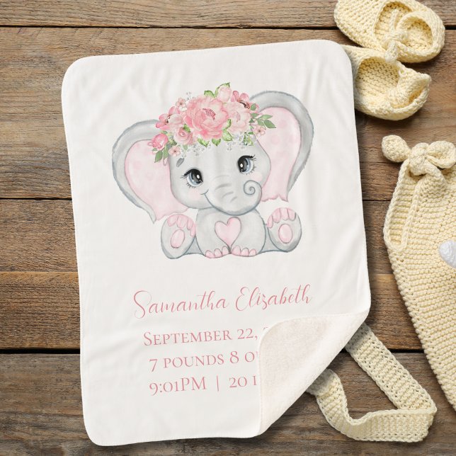 Birth Stat Pink Baby Elephant Baby Girl Geschenk Sherpadecke (Pink Elephant Sherpa Baby Blanket. Personalized with name and birth stats)