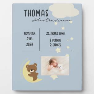 Birth Stats Baby Bear Dusche Plaque Schild - Blau Fotoplatte