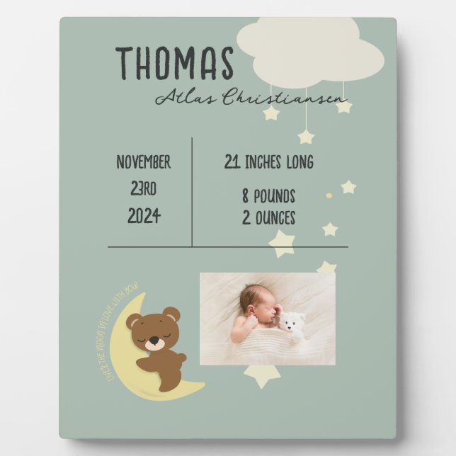 Birth Stats Baby Bear Dusche Plaque Schild - Grün Fotoplatte (Vorderseite)
