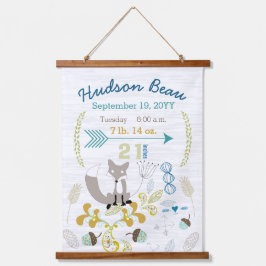 Birth Stats Baby Boy Woodland Fox Wall hanging Wandteppich Mit Holzrahmen