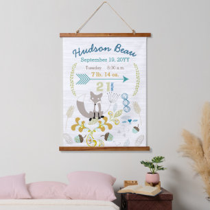 Birth Stats Baby Boy Woodland Fox Wall hanging Wandteppich Mit Holzrahmen