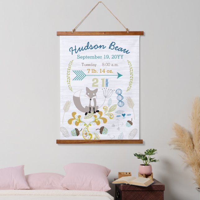 Birth Stats Baby Boy Woodland Fox Wall hanging Wandteppich Mit Holzrahmen (Schlafzimmer)