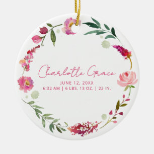 Birth Stats Baby Foto Pink Aquarell Floral Keramik Ornament