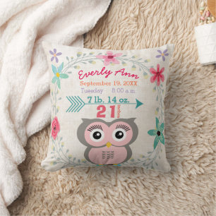 Birth Stats Baby Girl Forest Creature Pink Owl Kissen