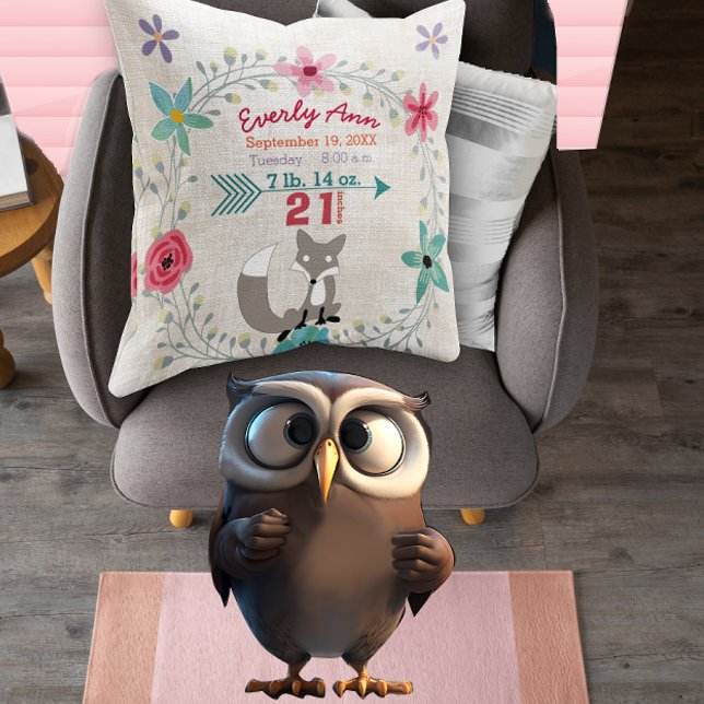 Birth Stats Baby Girl Woodland Creatures Fox Kissen (Von Creator hochgeladen)