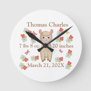 Birth Stats Baby Llamas Flowers Butterflies  Runde Wanduhr