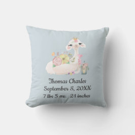 Birth Stats Blue White Llama Baby Boy Gift Kissen