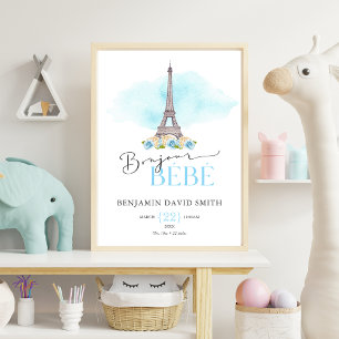 Birth Stats Bonjour Bébé Baby BOY Kinderzimmer Poster