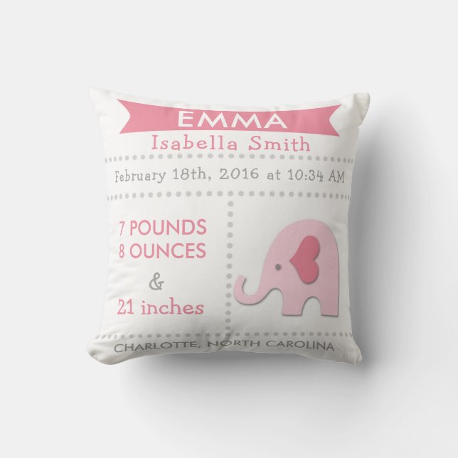 Birth Stats Elephant Nursery Pillow Pink Grey Kissen (Vorderseite)