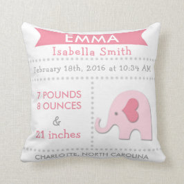 Birth Stats Elephant Nursery Pillow Pink Grey Kissen