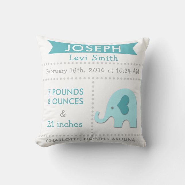 Birth Stats Elephant Nursery Pillow Teal Aqua Kissen (Vorderseite)