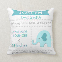 Birth Stats Elephant Nursery Pillow Teal Aqua