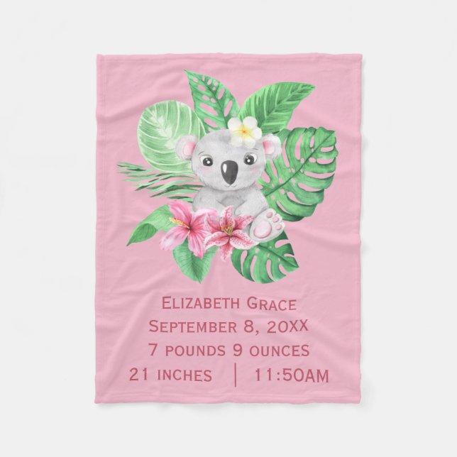 Birth Stats Koala Bear Pink Grüne tropische Blume Fleecedecke (Vorderseite)
