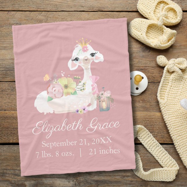 Birth Stats Llama Pink und Weiße Blume Niedlich Ba Fleecedecke (Pink Llama birth stats  baby blanket)