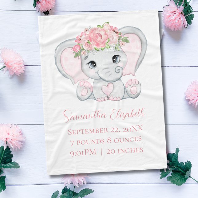 Birth Stats Pink Baby Elephant Baby Baby Baby Baby Fleecedecke (Pink elephant Personalized Birth Stats baby blanket. Gift for Baby girl.)