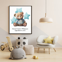 Birth Stats Teddy Bear Blue Baby Boy Kinderzimmer Poster