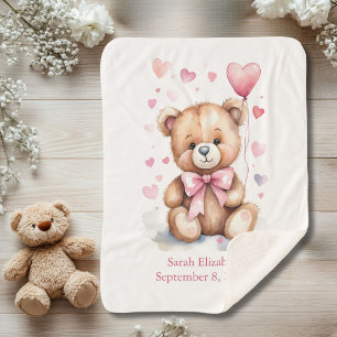 Birth Stats Teddy Bear Pink Bow Hearts Baby Girl Sherpadecke
