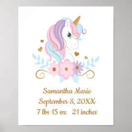 Birth Stats Unicorn Pink Blue Gold, Girl Poster