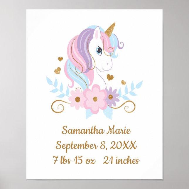 Birth Stats Unicorn Pink Blue Gold, Girl Poster (Vorne)