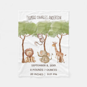 Birth Stats Woodland Jungle Safari Animals Baby Fleecedecke
