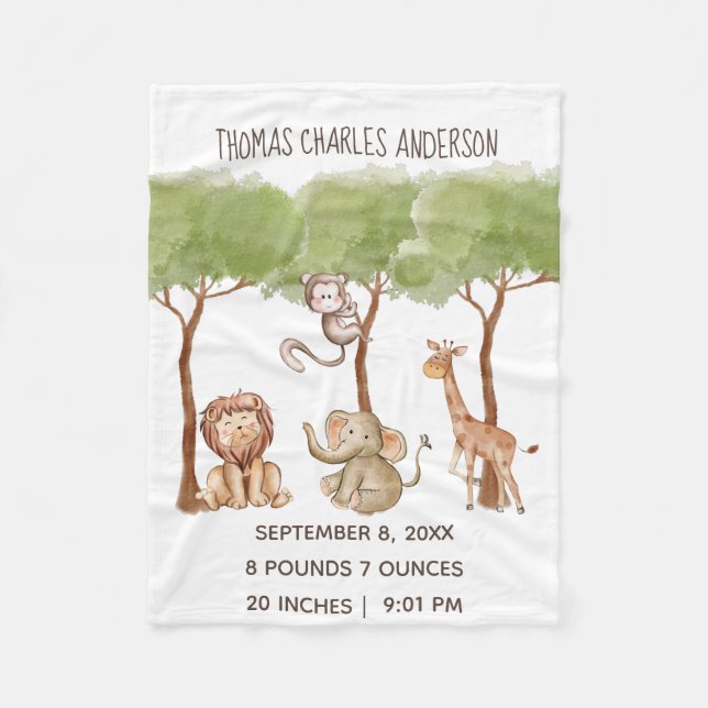 Birth Stats Woodland Jungle Safari Animals Baby Fleecedecke (Vorderseite)