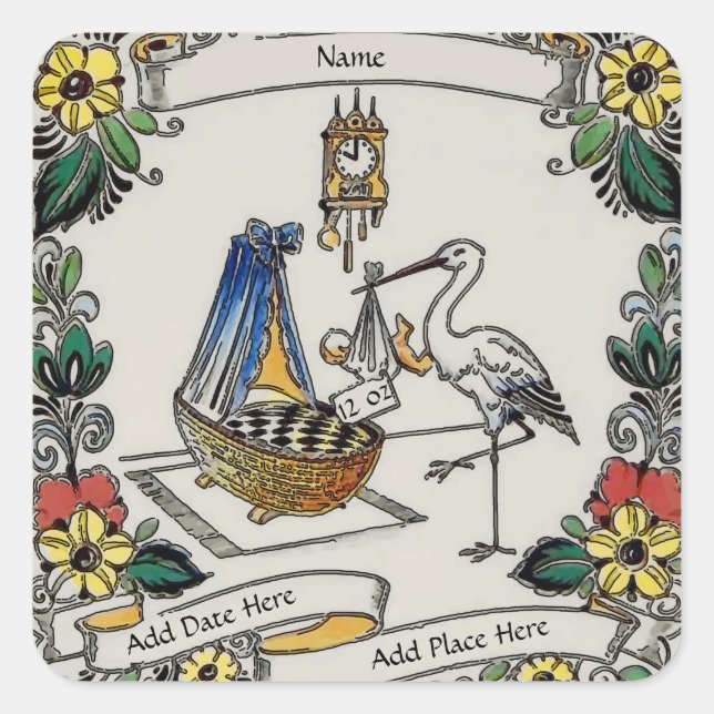 Birth Tile, Dutch Look, Personalize Quadratischer Aufkleber (Vorderseite)
