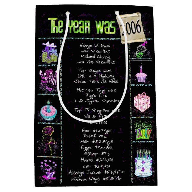 Birth Year 2006 Fun Trivia auf schwarz Mittlere Geschenktüte (Vorderseite)