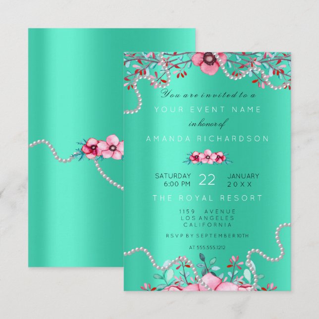 Birthay 16. Bridal Floral Formal Pearls Mint Pink Einladung (Vorne/Hinten)