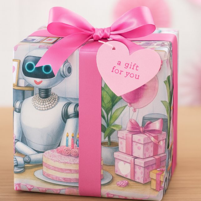Birthday Ai Robot Pink Sparkle Balloons Geschenkpapier (Wrapped in whimsy, this robot-themed birthday gift brings futuristic charm to your celebration.)