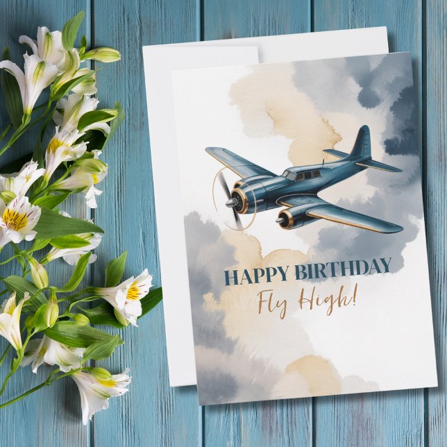 Birthday Airplane Blue and Gold Watercolor Elegant Einladung (Von Creator hochgeladen)