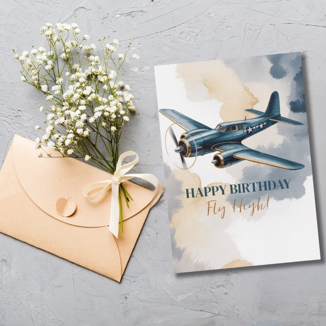 Birthday Airplane Blue and Gold Watercolor Elegant Einladung (Von Creator hochgeladen)