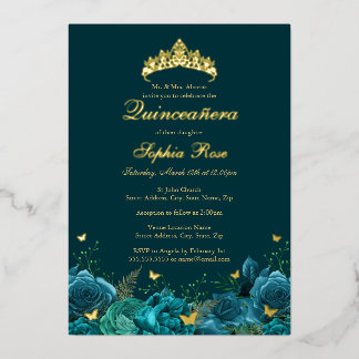 Birthday Aquamarin Blue Floral Butterfly Quinceane Folieneinladung