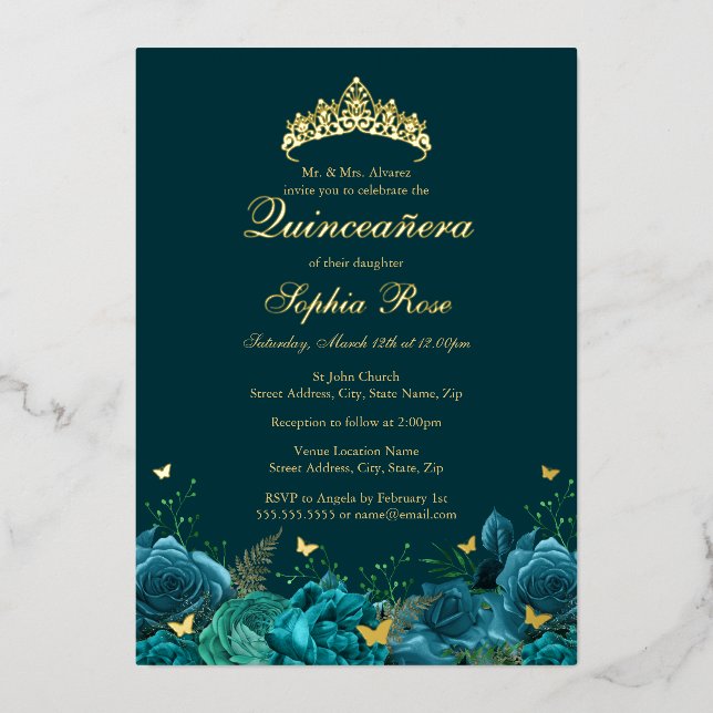 Birthday Aquamarin Blue Floral Butterfly Quinceane Folieneinladung (Vorderseite)