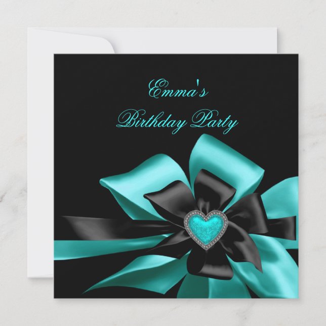 Birthday Aquamarin Blue Heart Black Bow Image Einladung (Vorderseite)