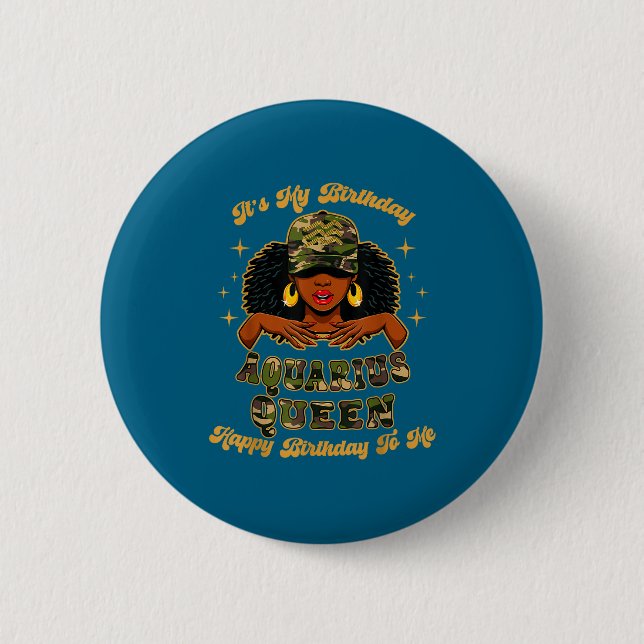 Birthday Aquarius Queen Camo Black Woman African Z Button (Vorderseite)