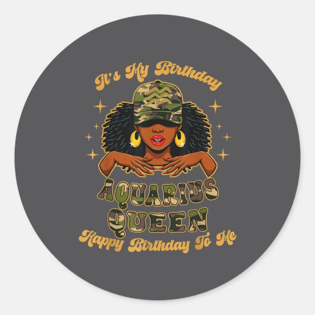 Birthday Aquarius Queen Camo Black Woman African Z Runder Aufkleber (Vorderseite)