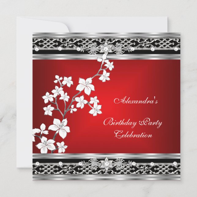 Birthday Asian Red Black Floral Silver White Einladung (Vorderseite)