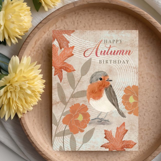 Birthday Autumn Leaves Flowers and Robin Bird  Karte (Von Creator hochgeladen)