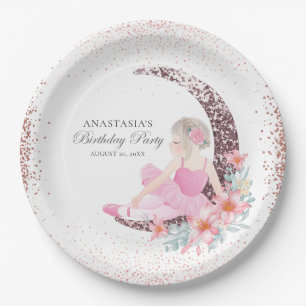 Birthday Ballerina Moon Glitzer Personalisiert Pappteller