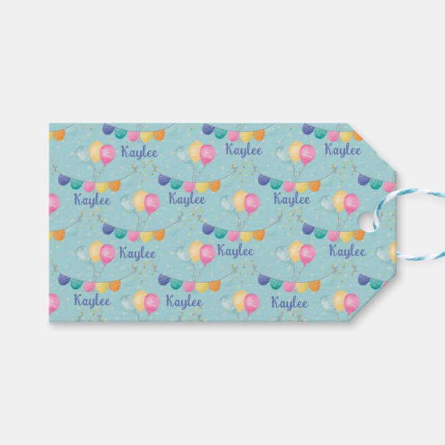 Birthday Balloons and Stars on Blue Geschenkanhänger (Vorderseite (Horizontal))