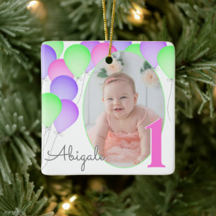 Birthday Balloons Baby's First Birthday mit Foto Keramikornament