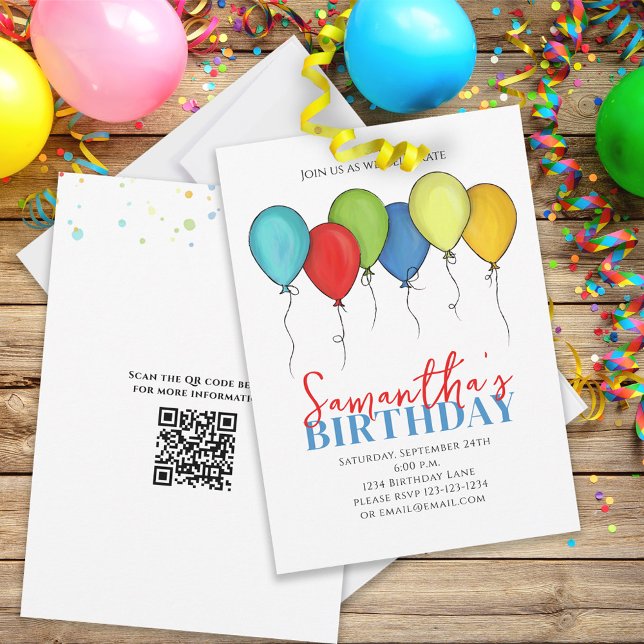Birthday Balloons Confetti Modernes Party QR Code Einladung (Von Creator hochgeladen)