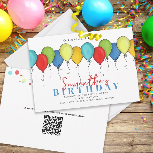 Birthday Balloons Confetti Modernes Party QR Code Einladung (Von Creator hochgeladen)