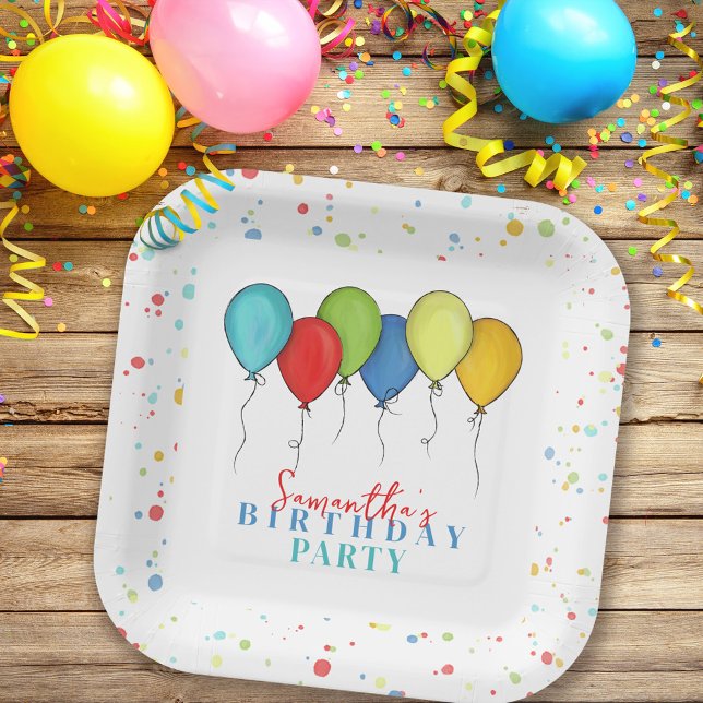 Birthday Balloons Confetti Whimsical Kalligraphie Pappteller (Von Creator hochgeladen)