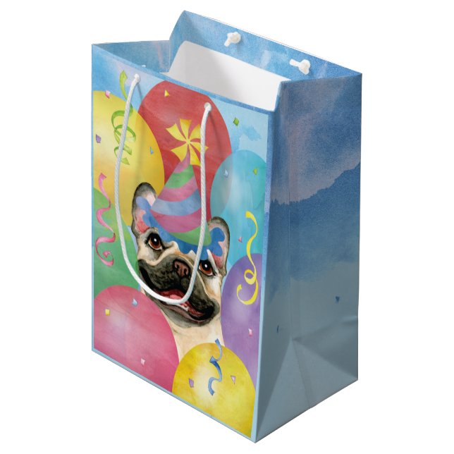 Birthday Balloons French Buldog Medium Gift Bag Mittlere Geschenktüte (Vorderseite Schrägansicht)