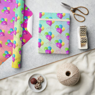 Birthday Balloons mit Confetti auf Regenbogen Geschenkpapier