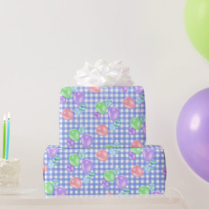 Birthday Balloons on Blue Gingham Wrapping Paper Geschenkpapier